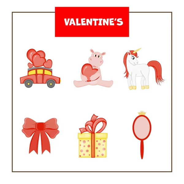 Valentinstag Set von Elementen für die Gestaltung von Postkarten oder Aufklebern. Cartoon-Stil. Vektorillustration. — Stockvektor