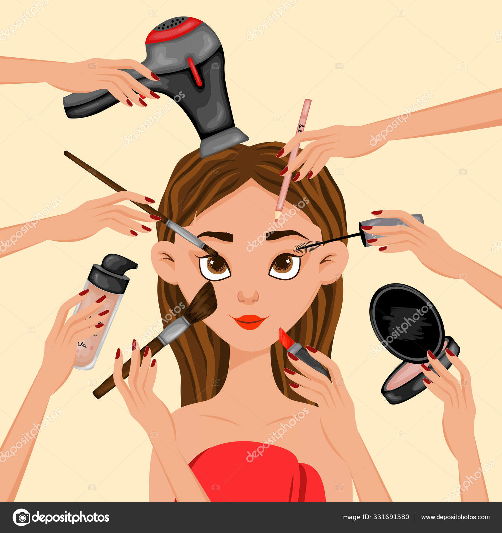 Girl surrounded by beauty items. Cartoon style. Vector illustration. Stock  Vector Image by © #331691380