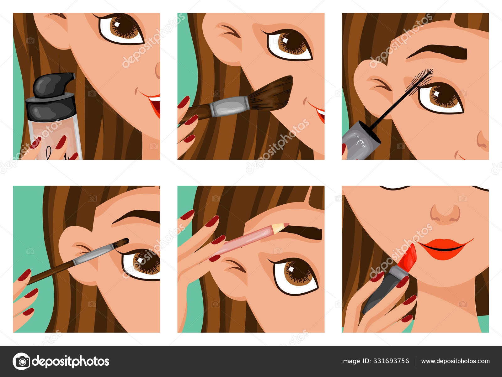 Female Face With Makeup Steps Cartoon