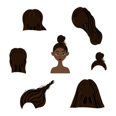Saç stilleri olan bir kadın kafası. Çizgi film tarzı. Vektör illüstrasyonu.
