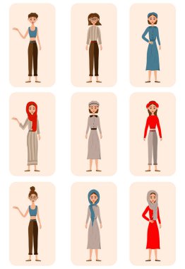 Kostümlü kadın karakterlerle dolu. Çizgi film tarzı. Vektör illüstrasyonu.