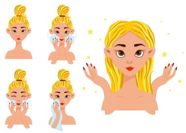 Sivilce tedavisi öncesi ve sonrası kız. Çizgi film tarzı. Vektör illüstrasyonu.