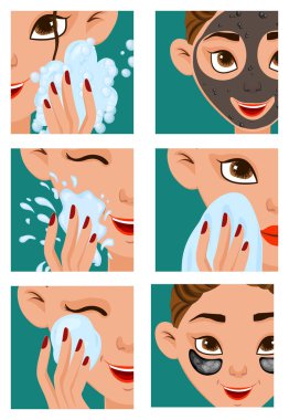 Cilt bakımı aşamalı bir kız. Çizgi film tarzı. Vektör illüstrasyonu.