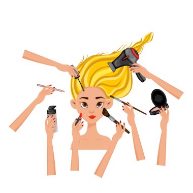 Kadın yüzlü güzellik ve kozmetik ürünlü eller. Çizgi film tarzı. Vektör.