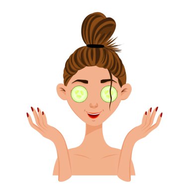 Salatalık maskeli güzel bir kadın yüzü. Çizgi film tarzı. Vektör illüstrasyonu.