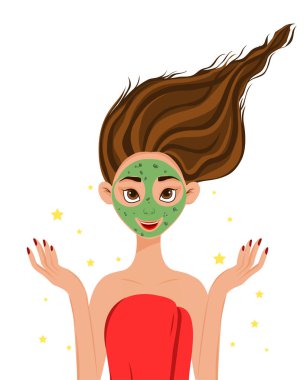 Kozmetik maskeli güzel bir kadın yüzü. Çizgi film tarzı. Vektör illüstrasyonu.