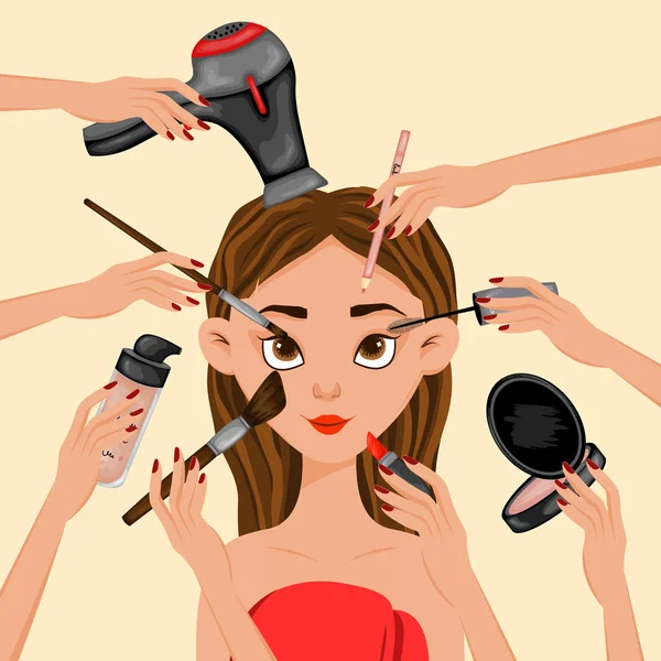 Girl surrounded by beauty items. Cartoon style. Vector illustration. — Stock Vector