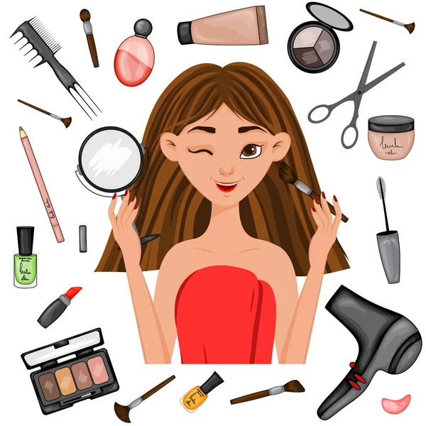 Girl surrounded by beauty items. Cartoon style. Vector illustration. — 스톡 벡터