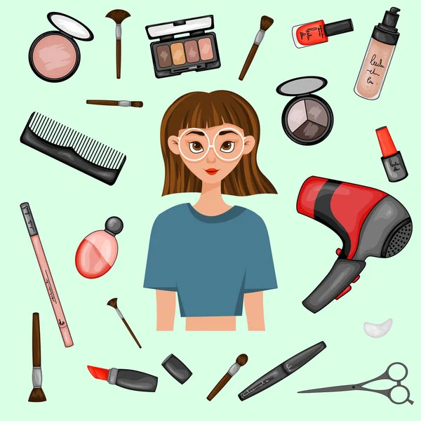 Girl surrounded by beauty items. Cartoon style. Vector illustration. — Stock Vector