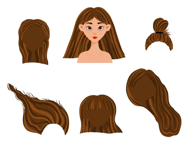 Cabeza femenina con un conjunto de peinados. Estilo de dibujos animados. Ilustración vectorial . — Vector de stock