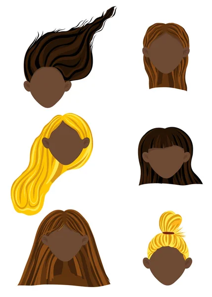 Constructeur avec des têtes féminines à la peau foncée avec différentes coiffures. Cartoon style. Illustration vectorielle . — Image vectorielle