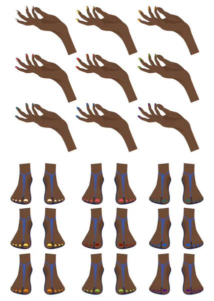 Set of dark-skinned female feet and female hands for the constructor. Cartoon style. Vector illustration. — 스톡 벡터