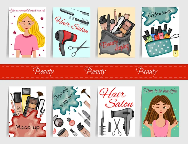 Set of beauty cards with beauty kits and girls. Cartoon style. Vector illustration. — Stock Vector