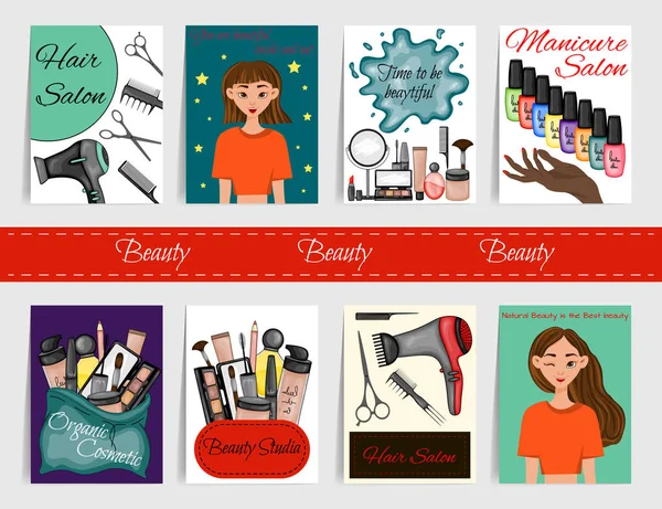 Ensemble de cartes de beauté avec kits de beauté et les filles. Cartoon style. Illustration vectorielle . — Image vectorielle