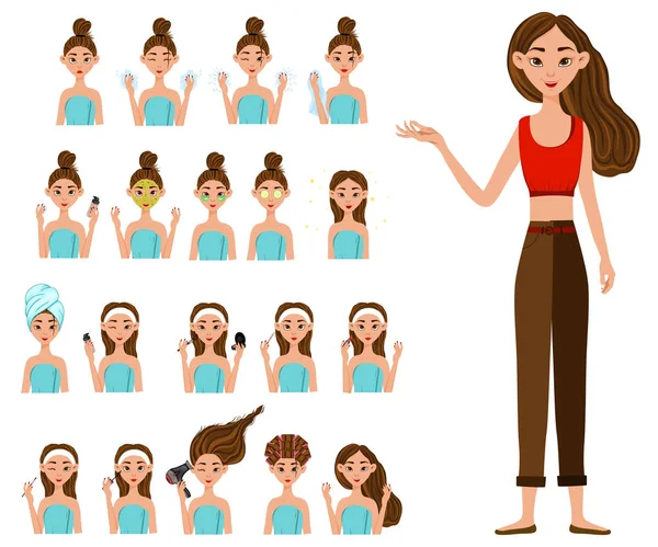 Chica antes y después de los procedimientos cosméticos. Estilo de dibujos animados. Ilustración vectorial . — Vector de stock