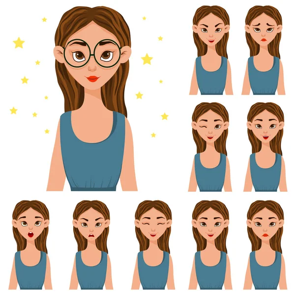 Conjunto com uma personagem feminina em roupas azuis com diferentes expressões faciais. Estilo dos desenhos animados. Ilustração vetorial . — Vetor de Stock