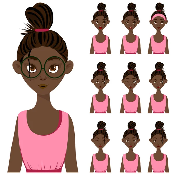 Conjunto com uma personagem feminina de pele escura em roupas rosa com diferentes expressões faciais. Estilo dos desenhos animados. Ilustração vetorial . — Vetor de Stock