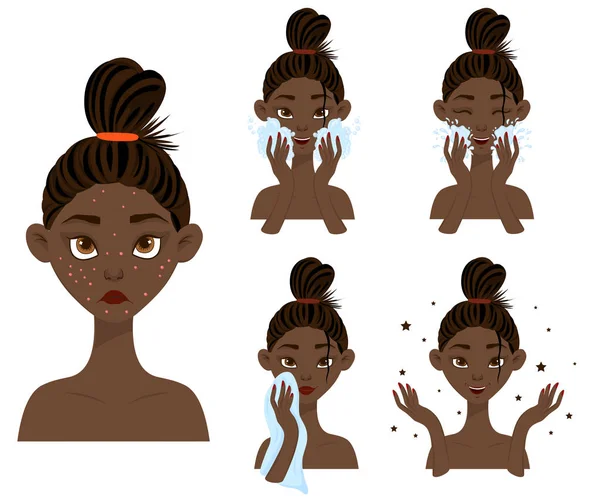 Темношкіра дівчинка до і після лікування акне. Стиль мультфільму. Векторні ілюстрації . — стоковий вектор