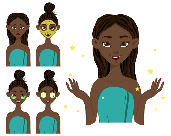 Темношкіра дівчинка до і після застосування косметичної маски. Стиль мультфільму. Векторні ілюстрації . — стоковий вектор