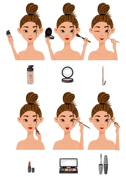 Fille avec les étapes de l'application du maquillage. Cartoon style. Illustration vectorielle . — Image vectorielle