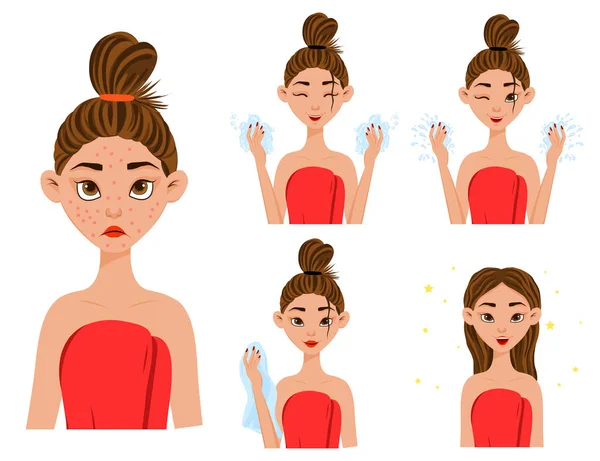 Menina antes e depois do tratamento da acne. Estilo dos desenhos animados. Ilustração vetorial. — Vetor de Stock