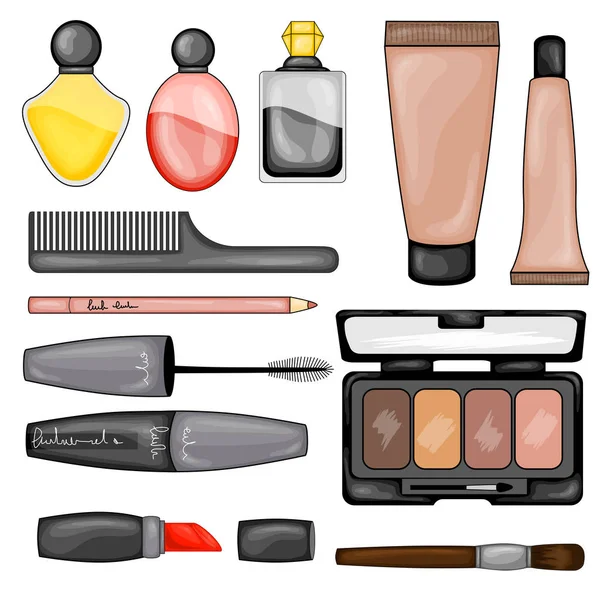Conjunto de cosméticos de maquillaje. Estilo de dibujos animados. Ilustración vectorial . — Vector de stock