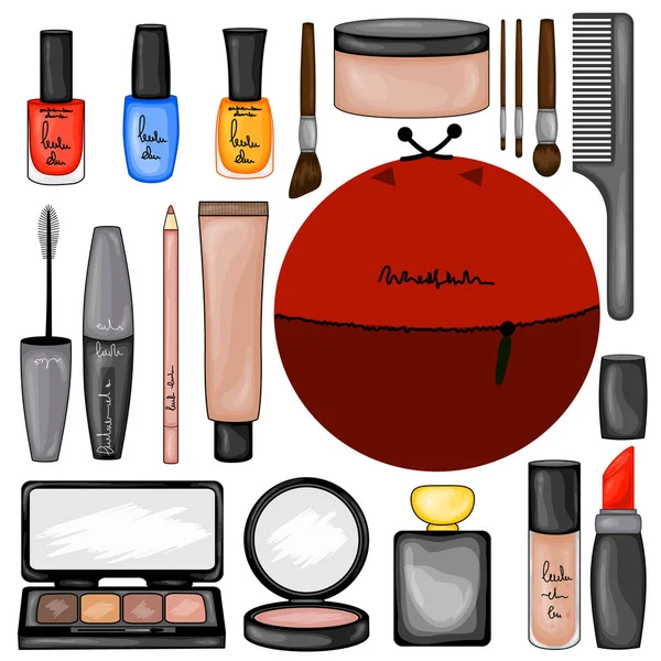 Conjunto de cosméticos de maquiagem. Estilo dos desenhos animados. Ilustração vetorial . —  Vetores de Stock