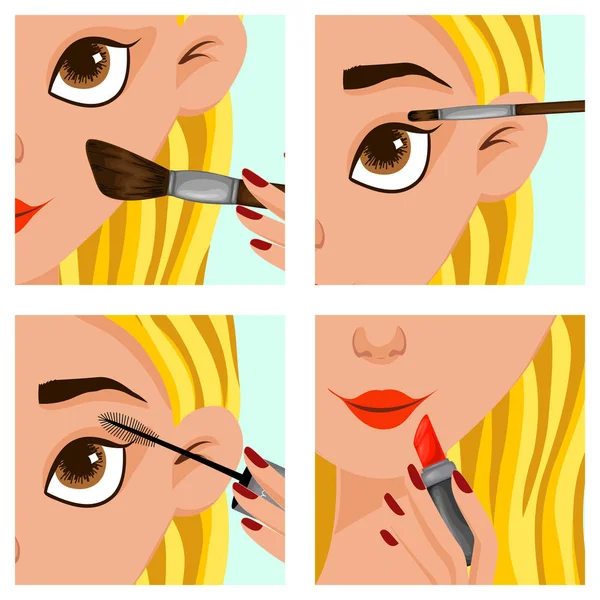 Cara femenina con pasos de maquillaje. Estilo de dibujos animados. Ilustración vectorial . — Vector de stock