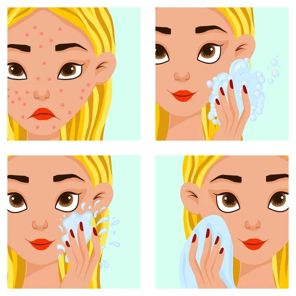 Cara femenina con pasos de curación del acné. Estilo de dibujos animados. Ilustración vectorial . — Vector de stock