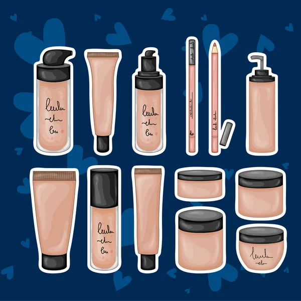 Ilustración de belleza con frascos cosméticos. Estilo de dibujos animados. Vector . — Vector de stock