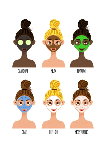 Conjunto com personagens femininas com diferentes cores de pele e uma máscara facial cosmética. Estilo dos desenhos animados. Ilustração vetorial . — Vetor de Stock