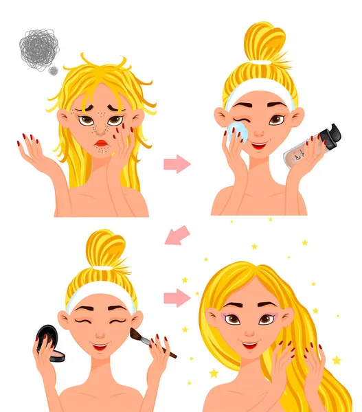 Caractère féminin "avant" et "après" la procédure cosmétique. Cartoon style. Illustration vectorielle . — Image vectorielle