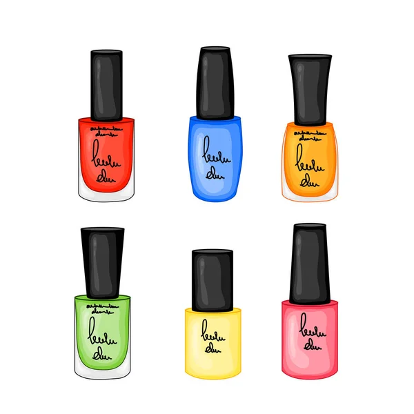 Schoonheidsillustratie met set gekleurde nagellakken. Cartoon stijl. Vector. — Stockvector