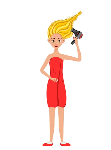 Belleza mujer seca el cabello con un secador de pelo. Estilo de dibujos animados. Ilustración vectorial . — Vector de stock