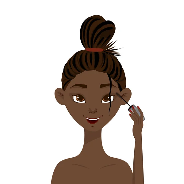 Belleza mujer africana se aplica rímel. Estilo de dibujos animados. Ilustración vectorial . — Vector de stock