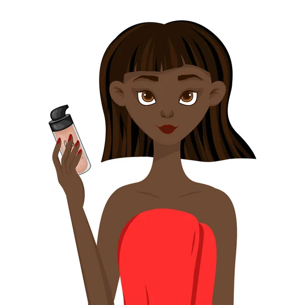 Skönhet afrikansk kvinna som håller en flaska med foundation i handen. Tecknad stil. Vektorillustration. — Stock vektor