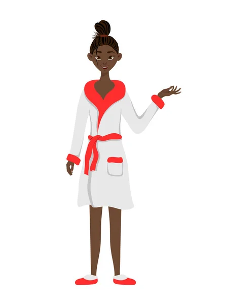 Beauty african woman in the bathrobe gown pointing to the side with his hand. Cartoon style. Vector illustration. — Stock Vector