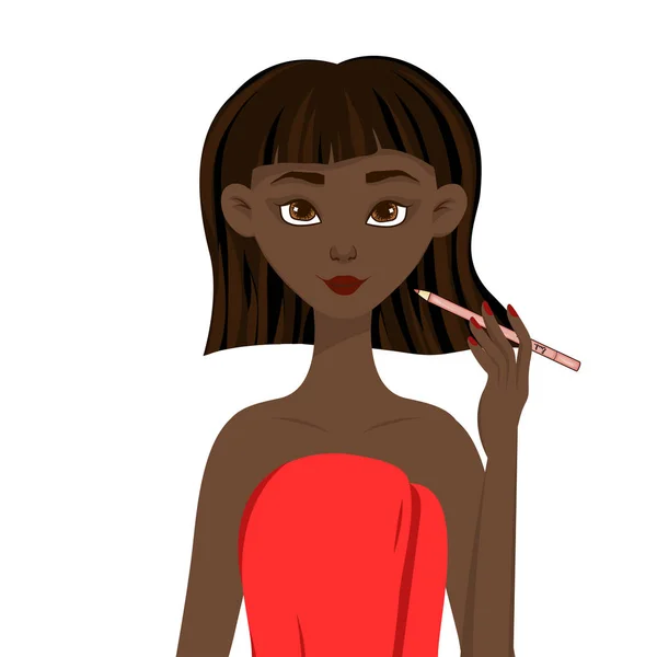 Krásná africká žena nakreslila obrys s tužkou na tváři. Kreslený styl. Vektorová ilustrace. — Stockový vektor