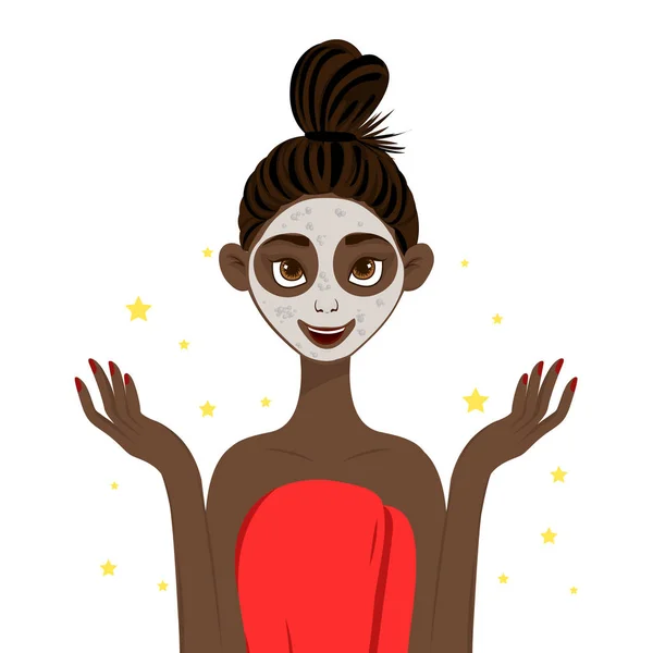 Schoonheid Afrikaanse vrouw met cosmetische masker. Cartoon stijl. Vectorillustratie. — Stockvector