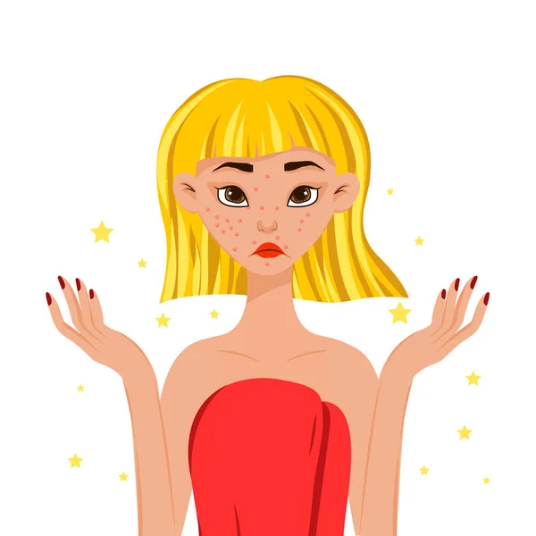 Beauty woman dissatisfied with her skin. Cartoon style. Vector illustration. — 스톡 벡터