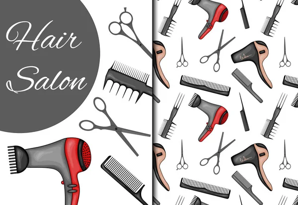 Set avec motif sans couture et articles pour salon de coiffure. Cartoon style. Illustration vectorielle . — Image vectorielle