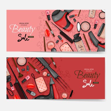 Kozmetik ürünlerle dolu broşürler, metin için şablon. Çizgi film tarzı. Vektör illüstrasyonu.