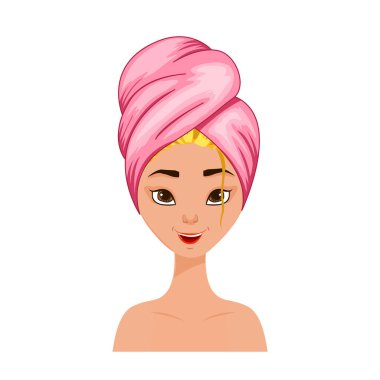 Saçında havlu olan güzel bir kadın kafası. Çizgi film tarzı. Vektör illüstrasyonu.