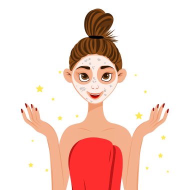 Kozmetik maskeli güzel bir kadın yüzü. Çizgi film tarzı. Vektör illüstrasyonu.