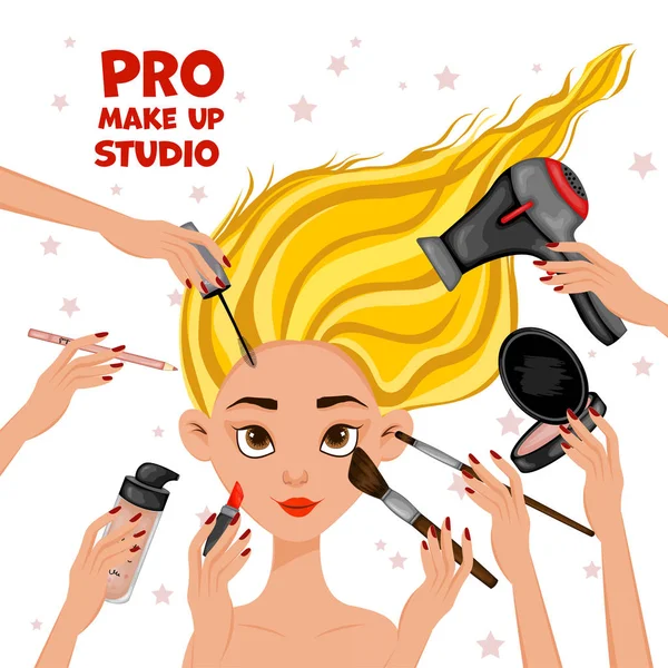 Beauty illustration with female face and hands with cosmetics. Cartoon style. Vector. — Stock Vector