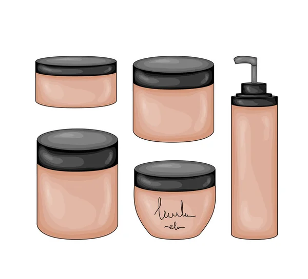 Ilustración de belleza con frascos cosméticos. Estilo de dibujos animados. Vector . — Vector de stock