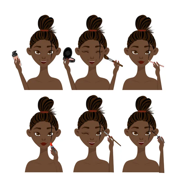 Beleza feminina africana conjunto com cosméticos. Estilo dos desenhos animados. Ilustração vetorial . —  Vetores de Stock