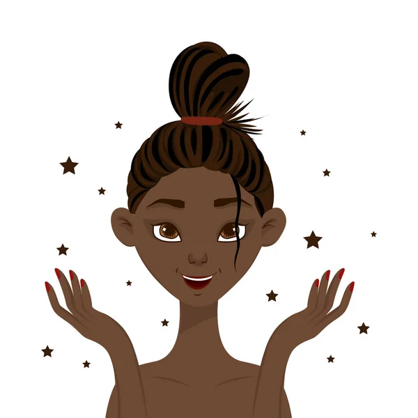 Beleza mulher africana com pele limpa brilhante. Estilo dos desenhos animados. Ilustração vetorial . — Vetor de Stock