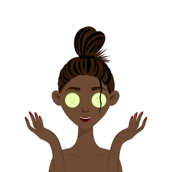 Mujer africana de belleza con una máscara de pepino en la cara. Estilo de dibujos animados. Ilustración vectorial . — Archivo Imágenes Vectoriales