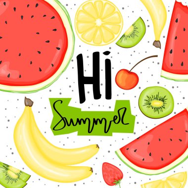 Yazlık eşyalarla dolu bir geçmiş. Çizgi film tarzı. Vektör illüstrasyonu.